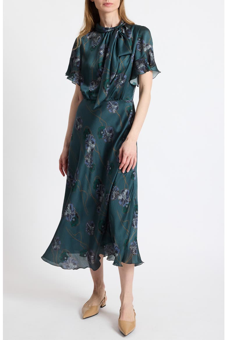 Sabrina Short Sleeve Tie Neck Midi Dress, Main, color, Steel Teal