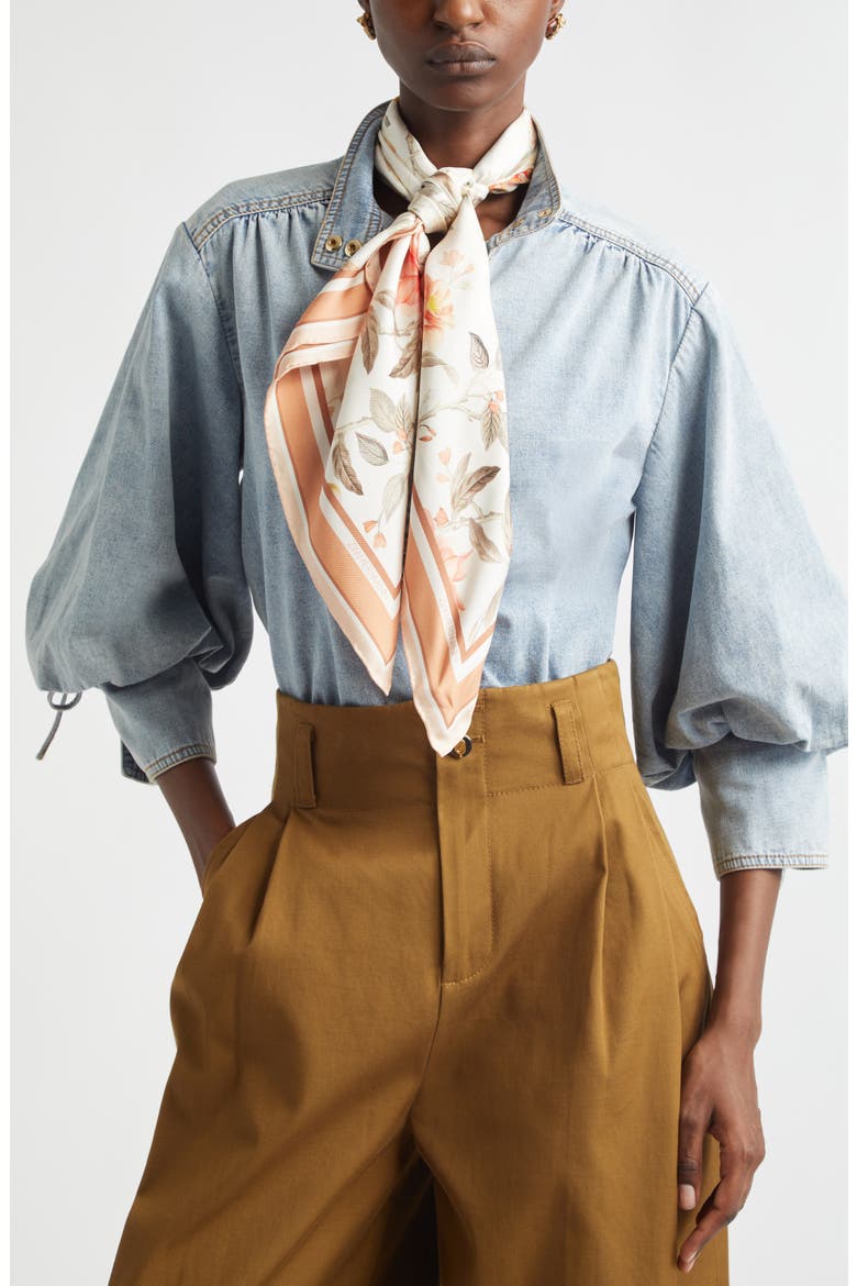 Floral Print Silk Square Scarf, Main, color, CREAM SONGBIRD