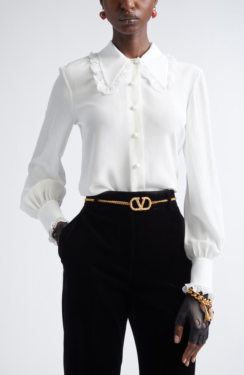 Valentino Ruffle Trim Silk Silk Crêpe de Chine Shirt, Alternate, color, Ivory