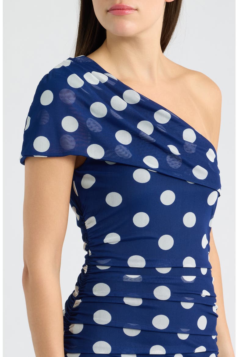 Rosario Polka Dot One-Shoulder Mesh Maxi Dress, Alternate, color, BLUE MOON