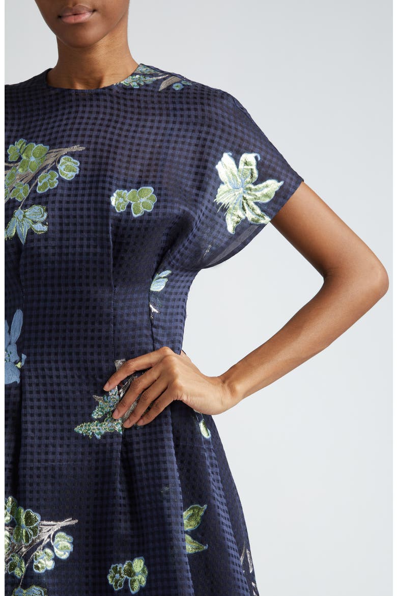 Floral Pleated Metallic Gingham Linen & Silk Blend Dress, Alternate, color, NAVY