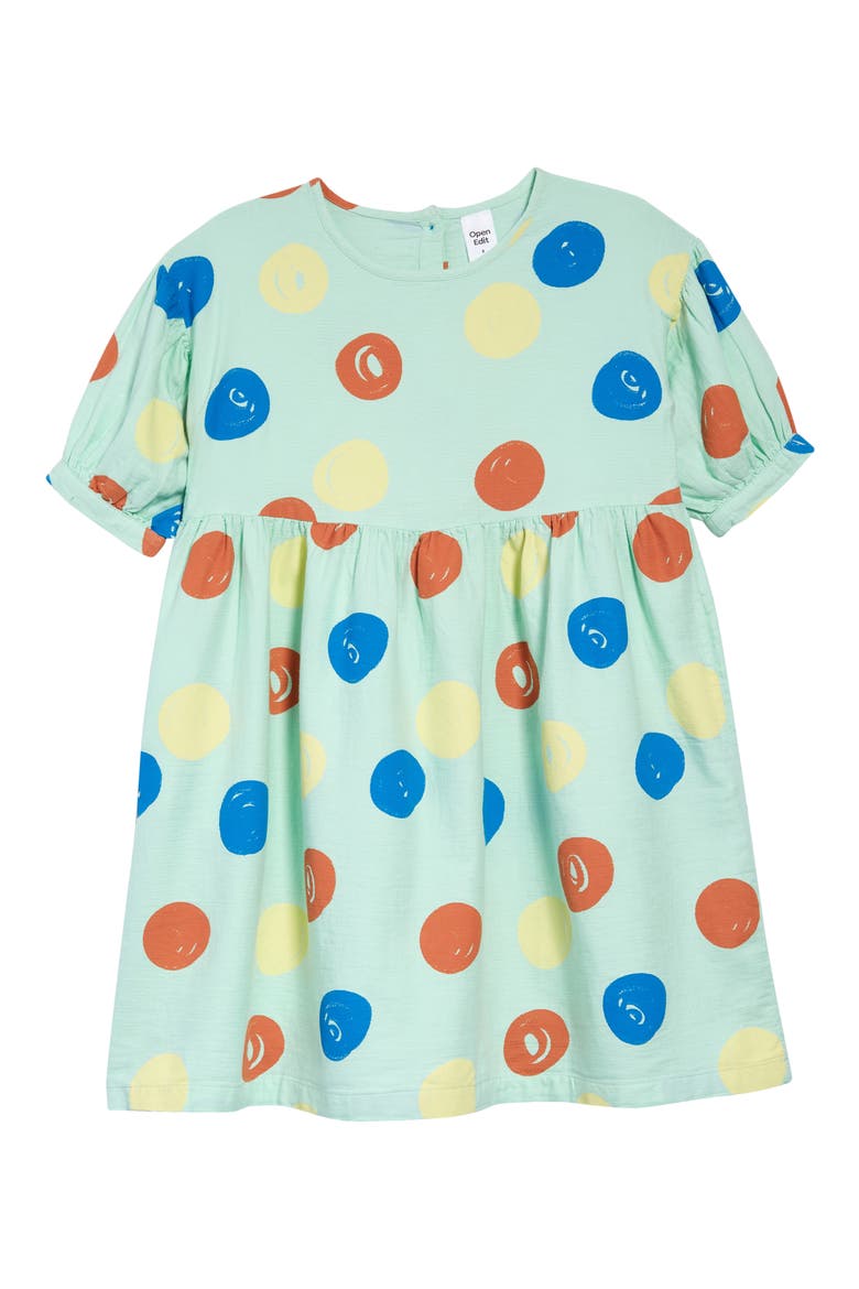 Kids' Puff Sleeve Organic Cotton Dress, Main, color, GREEN YUCCA DOODLE DOTS