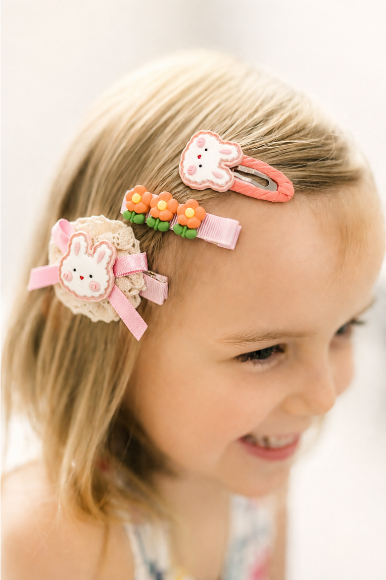 Bunny Hug Hair Clip Set of 7 Baby, Alternate, color, Baby Pink & Coral