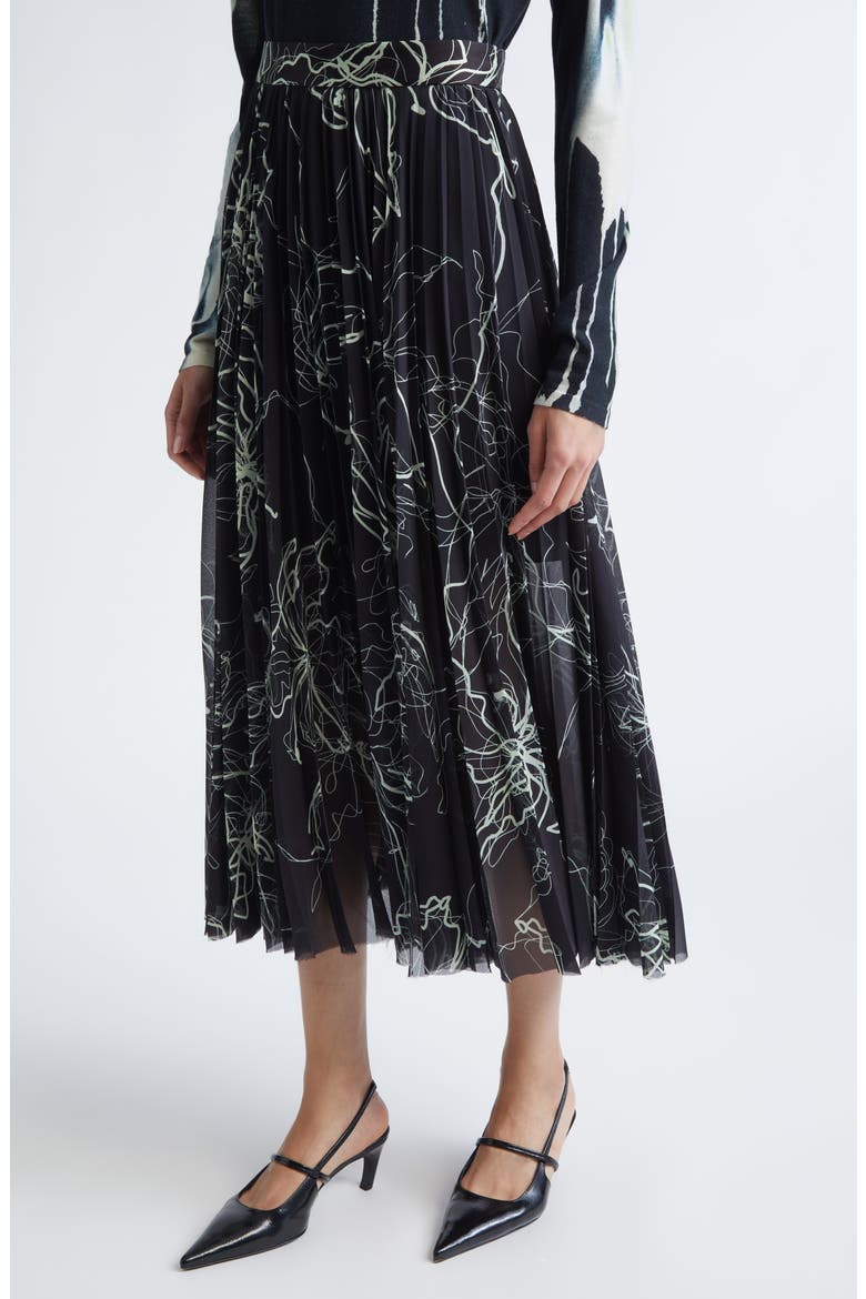 Pleated Scribble Floral Chiffon Midi Skirt, Alternate, color, BLACK/ LIMONCELLO MULTI