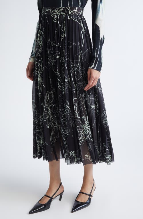 Jason Wu Collection Pleated Scribble Floral Chiffon Midi Skirt In Black