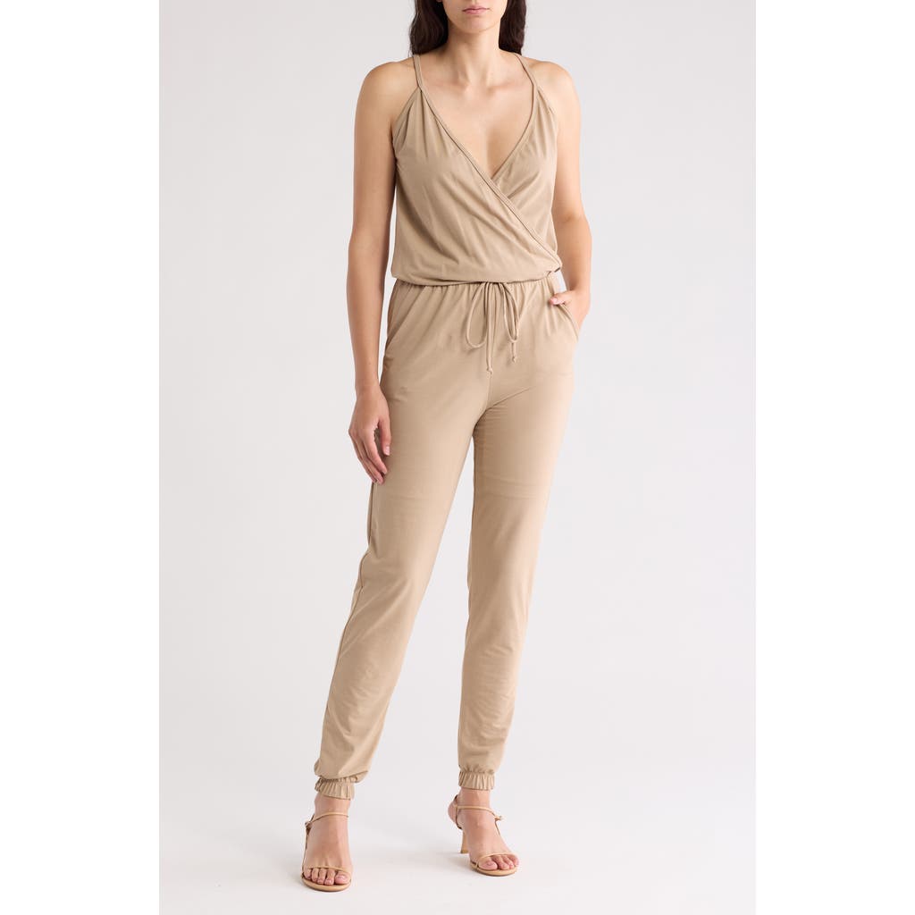 Go Couture Sleeveless Drawstring Jumpsuit In Brown