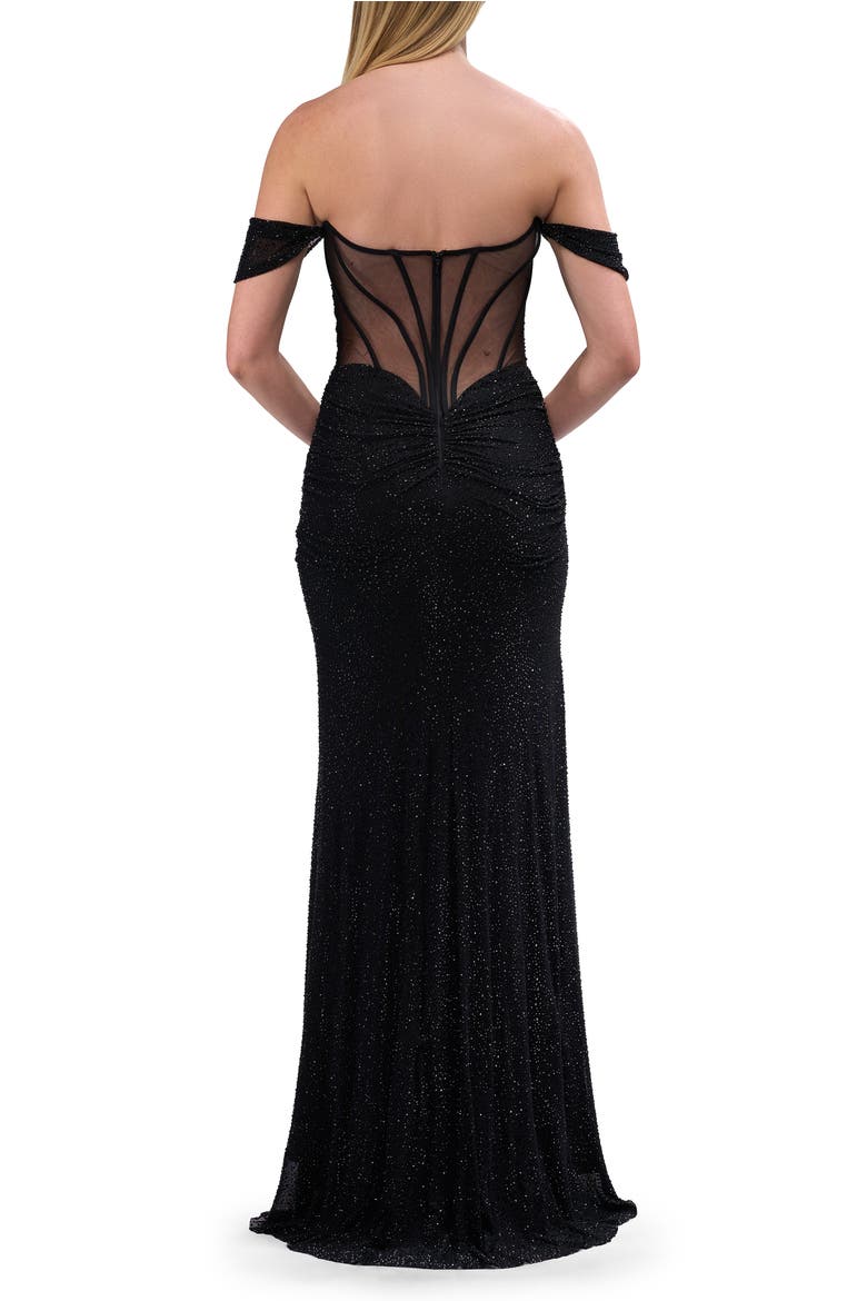 Off the Shoulder Rhinestone Net Jersey Evening Dress, Alternate, color, Black