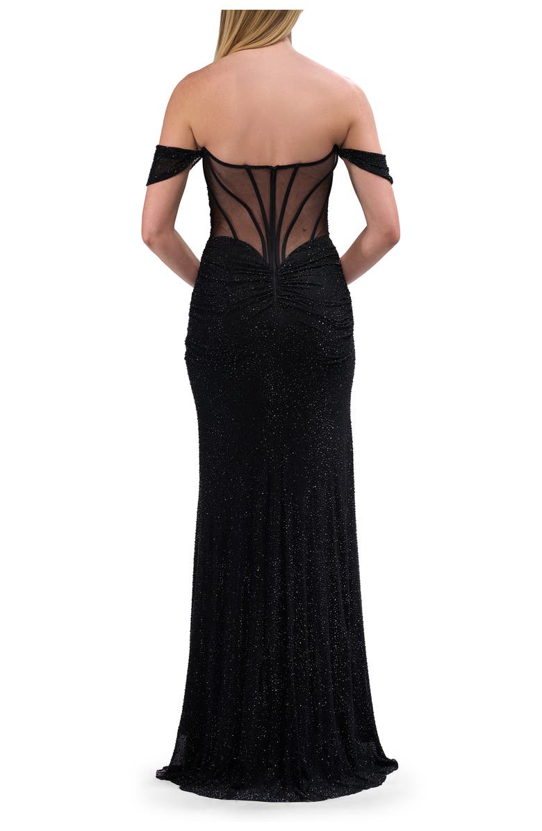La Femme Off the Shoulder Rhinestone Net Jersey Evening Dress, Alternate, color, Black