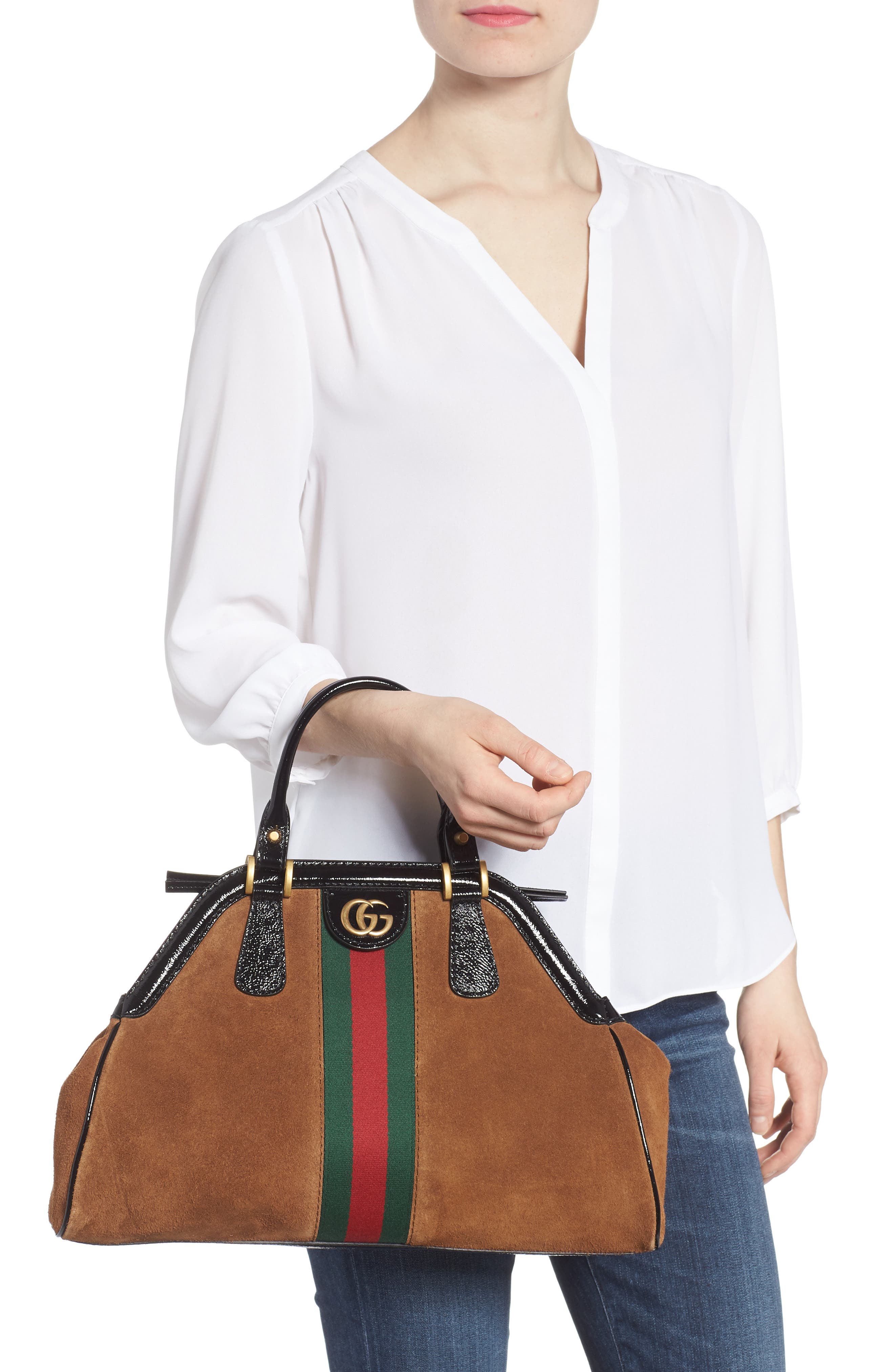 Gucci Medium RE(BELLE) Suede Satchel, Alternate, color, 