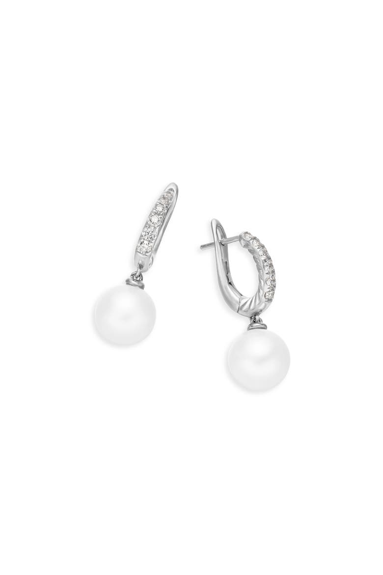 Pearl and Pavé Drop Earrings in 18K Yellow Gold with Diamonds, Alternate, color, STERLING SILVER