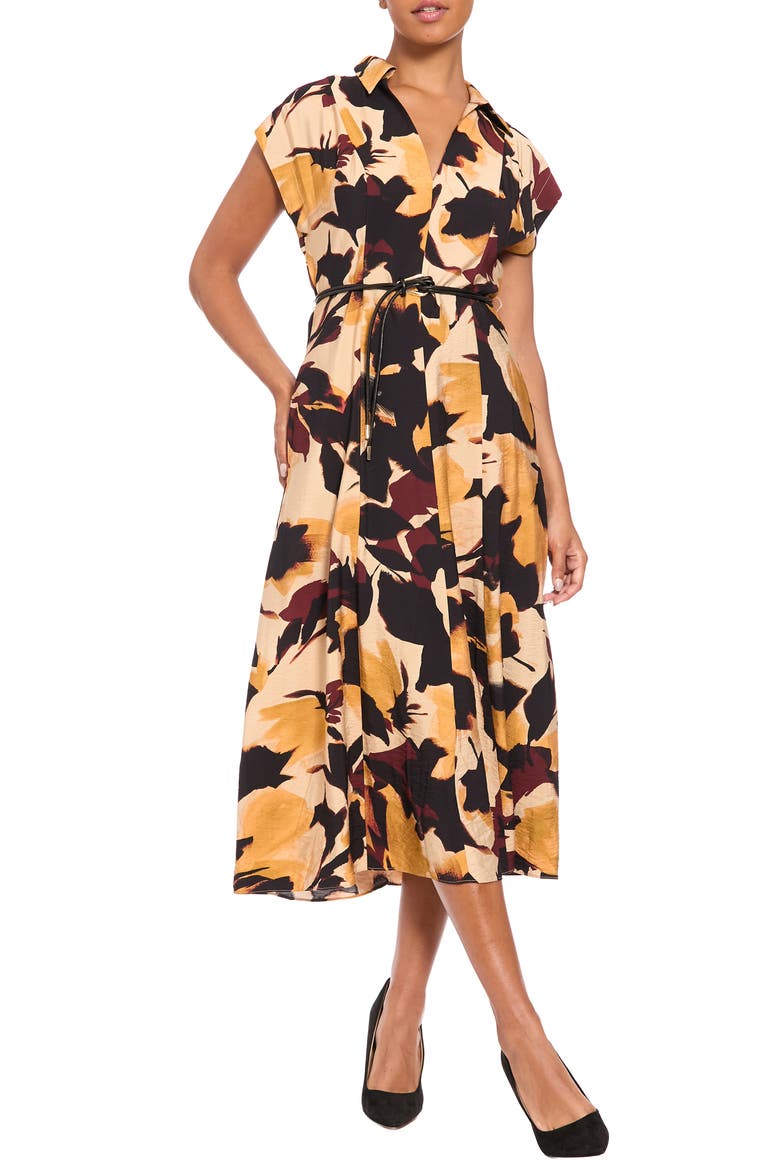 Belted Tea Length Dress, Main, color, TAN/ GOLD