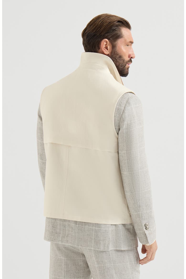 Cotton and linen canvas vest with suede inserts and hook fastening, Alternate, color, White