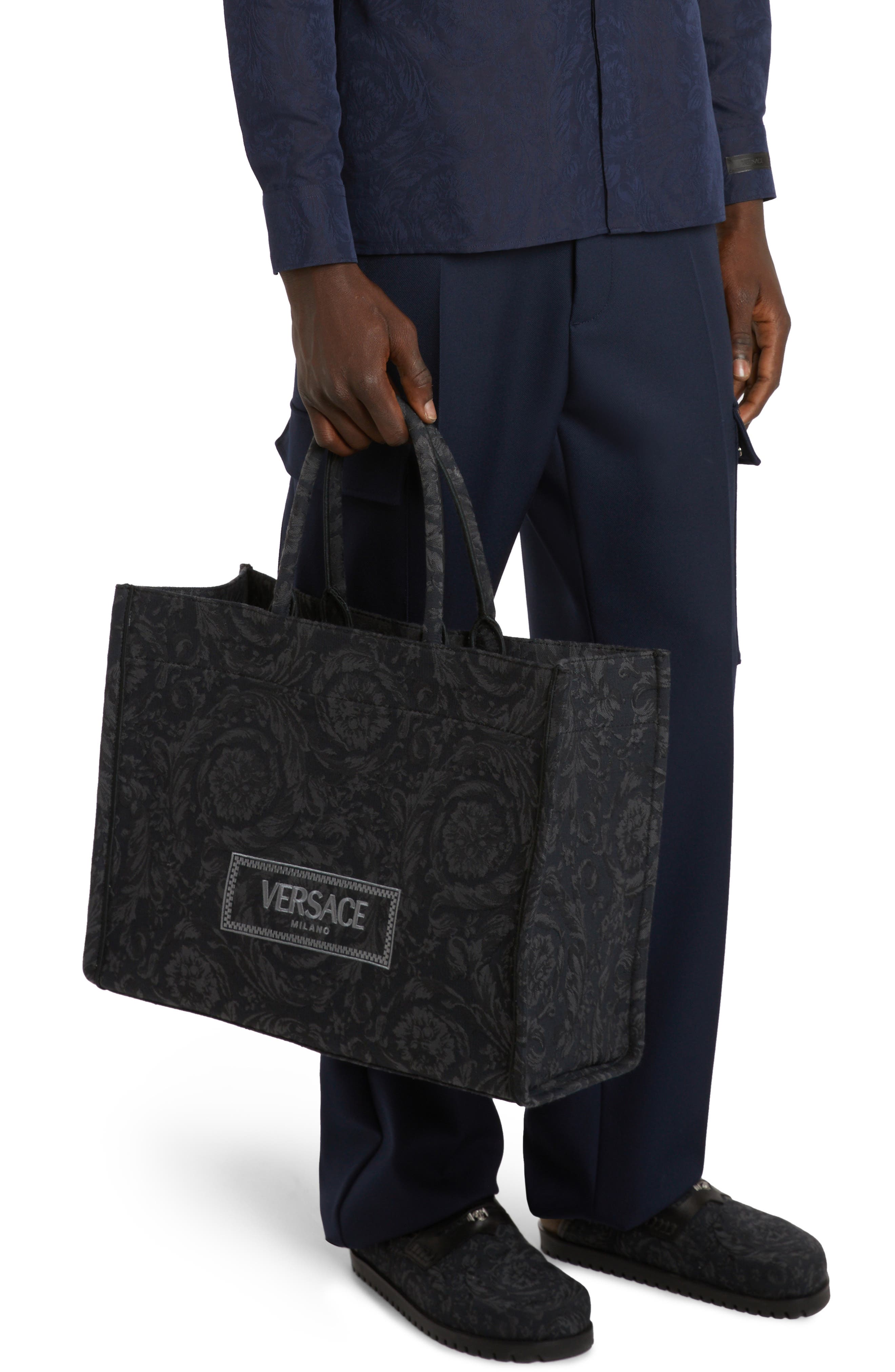 Versace Extra Large Logo Embroidered Barocco Jacquard Tote, Alternate, color, Black Black Versace Gold