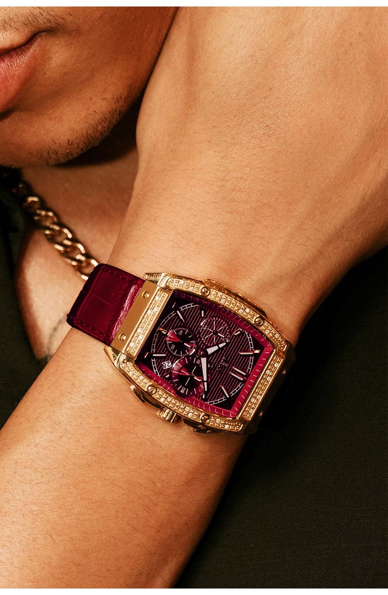 JBW Echelon Diamond Chronograph Croc Embossed Leather Strap Watch, 41mm, Alternate, color, Maroon