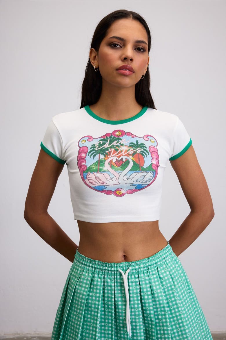 Eden Kiss Swan Print Crop Baby Tee, Alternate, color, White
