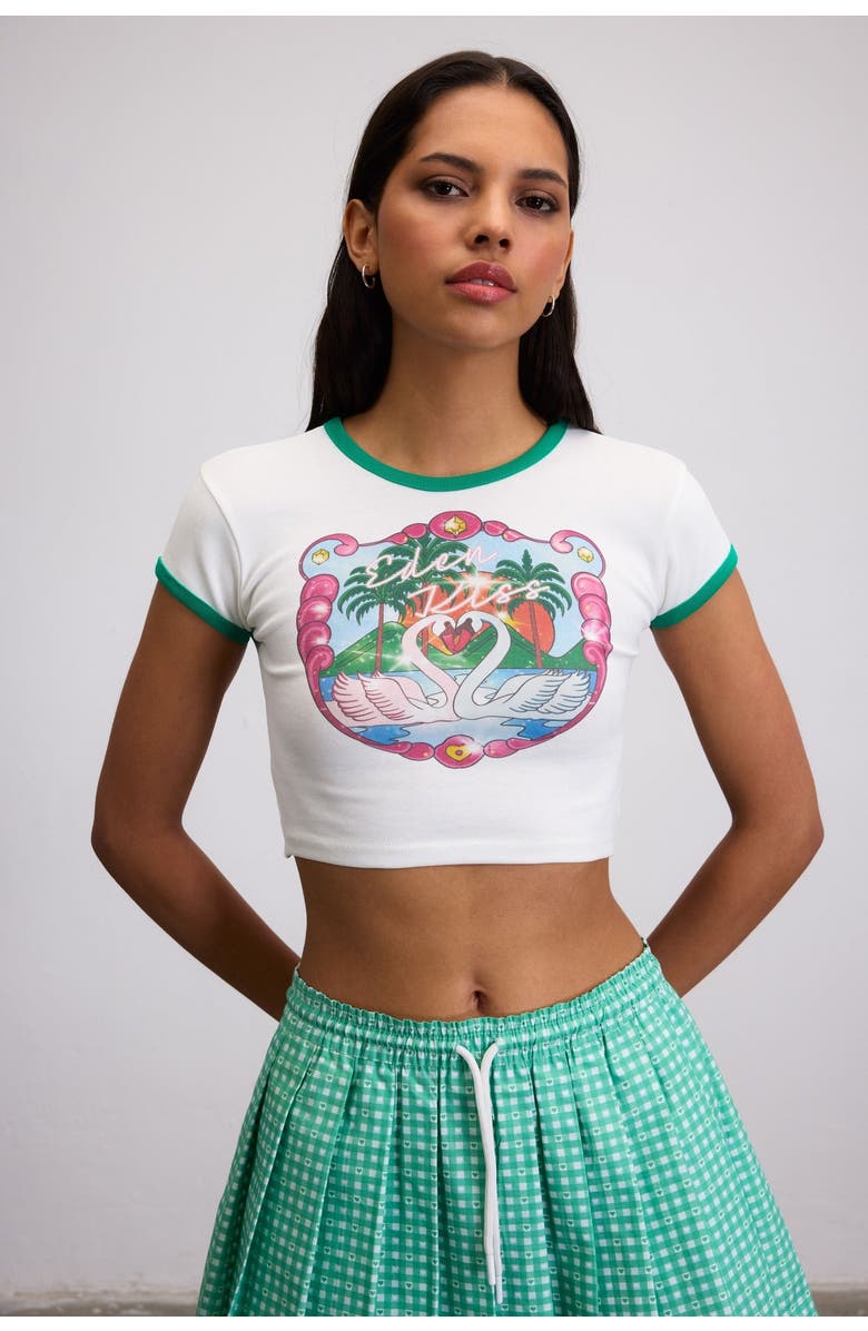 Je Te Veux Eden Kiss Swan Print Crop Baby Tee, Alternate, color, White