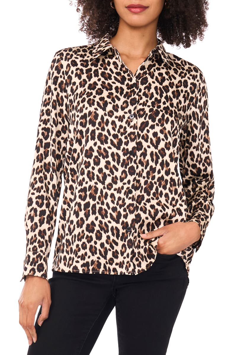 Vince Camuto Print Button-Up Shirt, Main, color, Rich Black Leopard