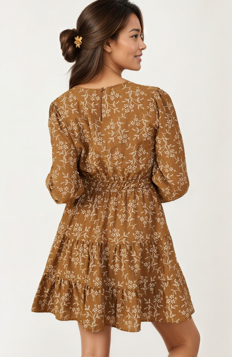 Knit and Lounge Long Sleeve Smocked Tiered Mini Dress, Alternate, color, Brown Floral Print