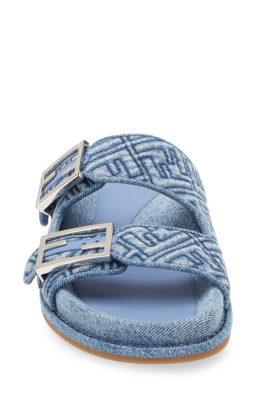 Fendi Ff Embroidered Denim Dual Buckle Slide Sandals In Blue