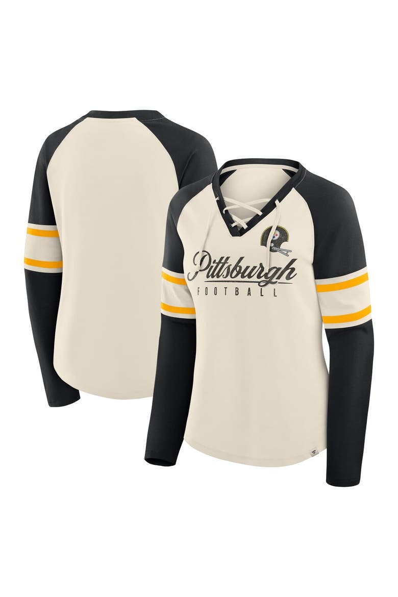 Women's Fanatics Cream/Black Pittsburgh Steelers Hometown Gridiron Hero Raglan Lace-Up V-Neck Long Sleeve T-Shirt, Main, color, Cream