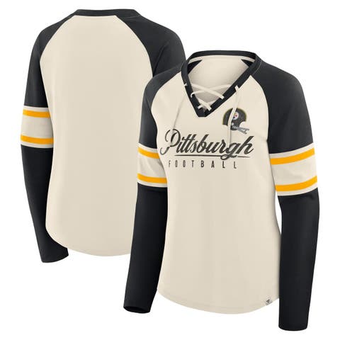 Women's Fanatics Cream/Black Pittsburgh Steelers Hometown Gridiron Hero Raglan Lace-Up V-Neck Long Sleeve T-Shirt