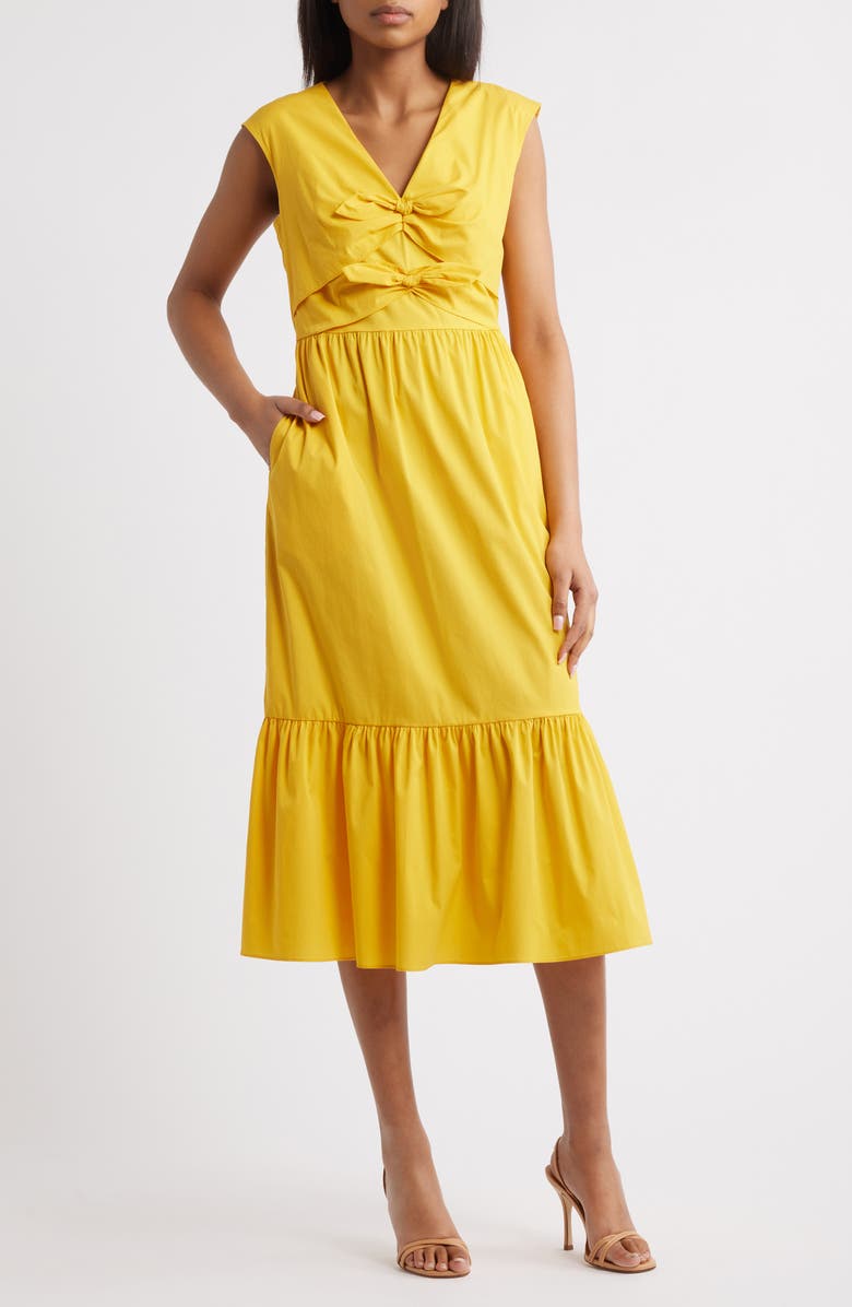 Anne Klein Bow Front Modern Midi Dress, Main, color, Sunset Gold