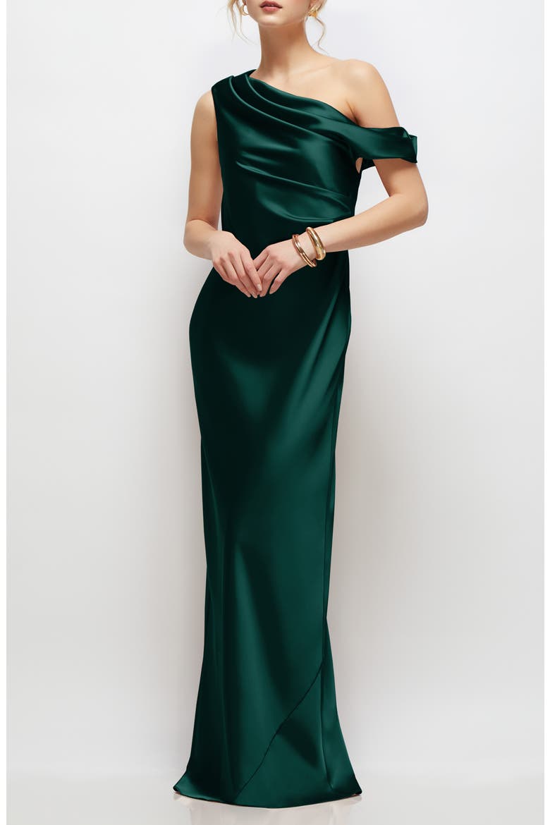 Draped One-Shoulder Satin Charmeuse Gown, Main, color, EVERGREEN