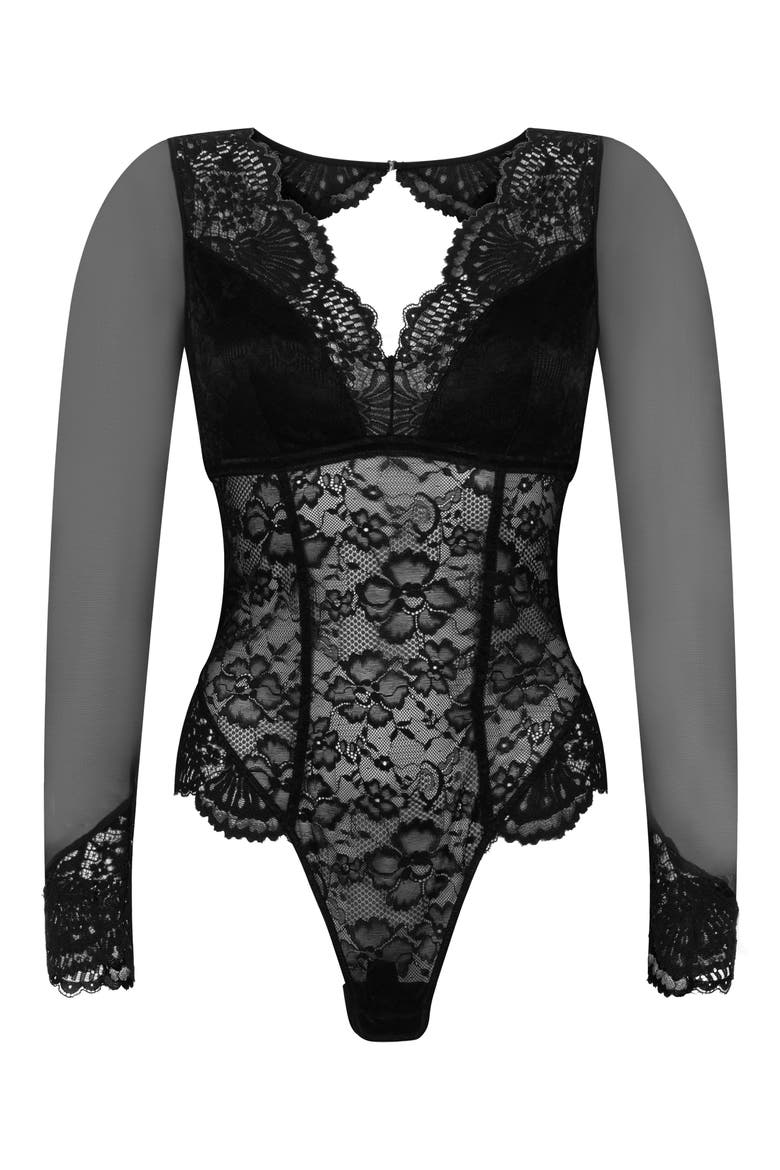 Essie Long Sleeve Mesh & Lace Teddy, Alternate, color, CAVIAR