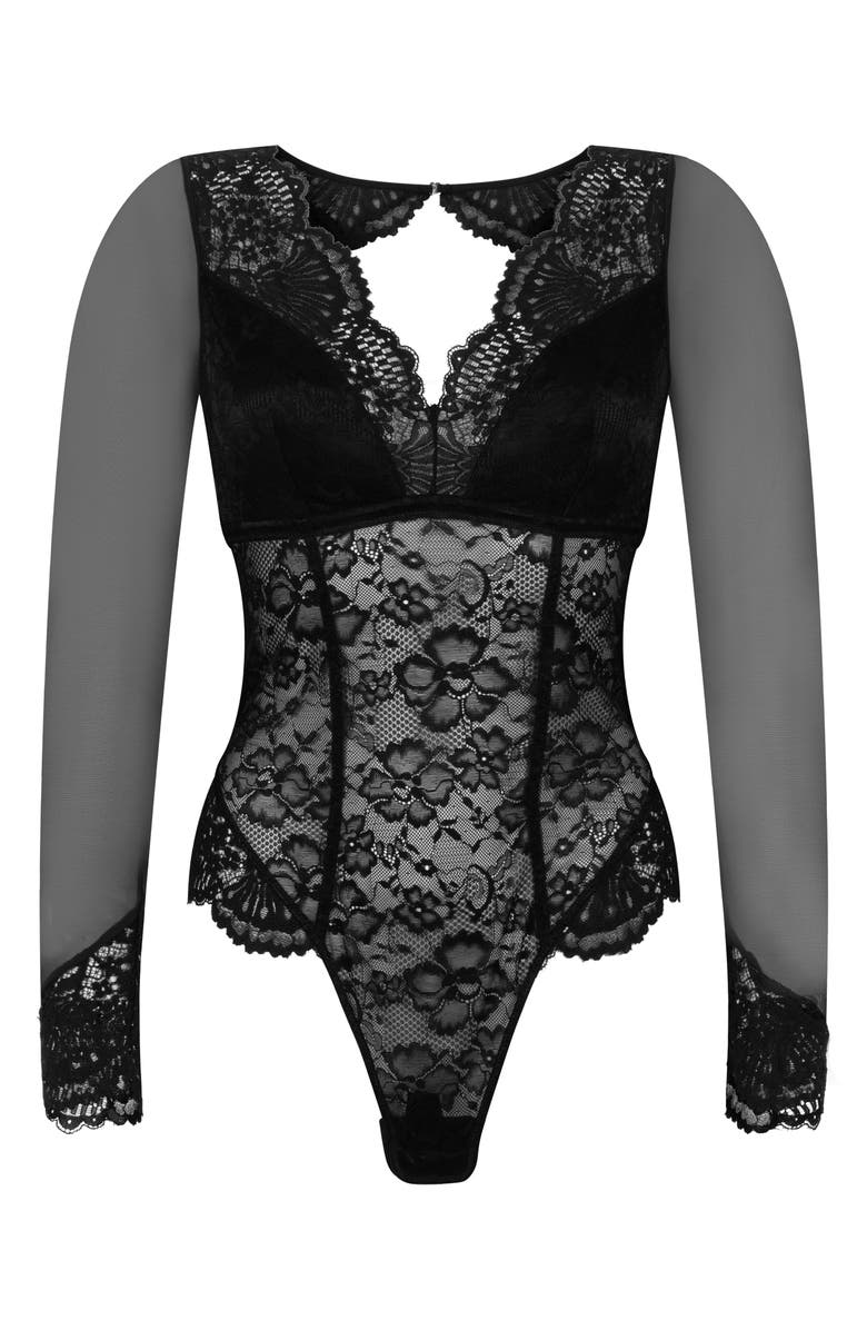 Hunkemöller Essie Long Sleeve Mesh & Lace Teddy, Alternate, color, Caviar