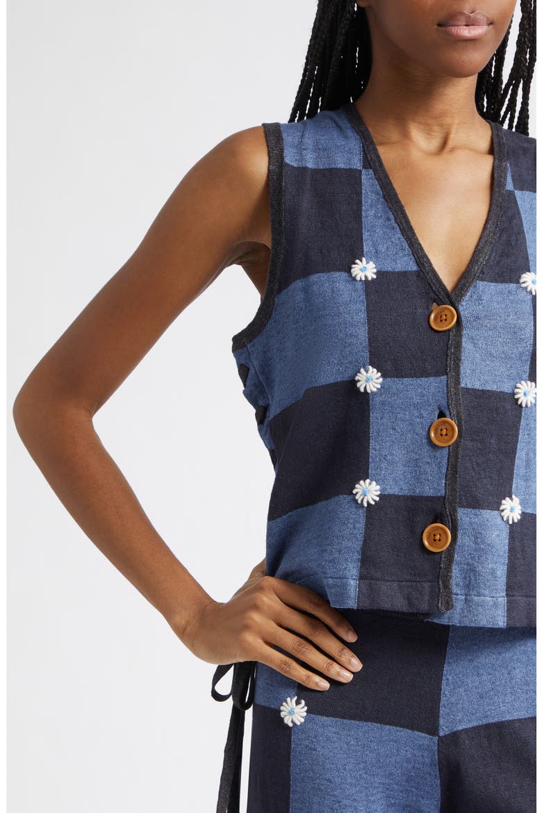 Daisy Intarsia Check Linen Blend Vest, Alternate, color, DENIM