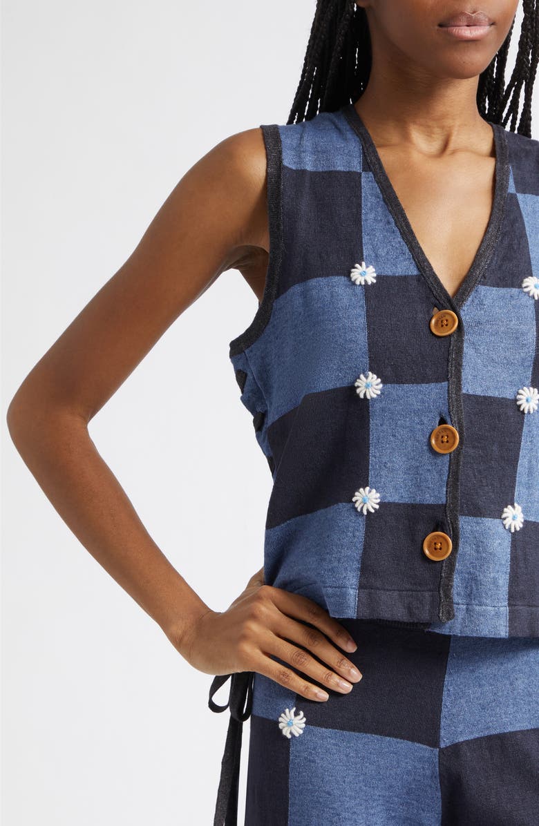 YanYan Daisy Intarsia Check Linen Blend Vest, Alternate, color, Denim