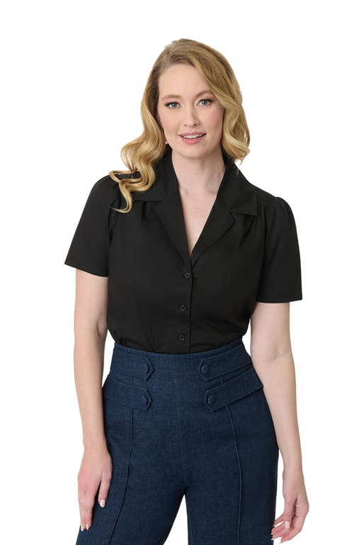 Unique Vintage 1940s Short Sleeve Collared Button Down Woven Blouse In Black
