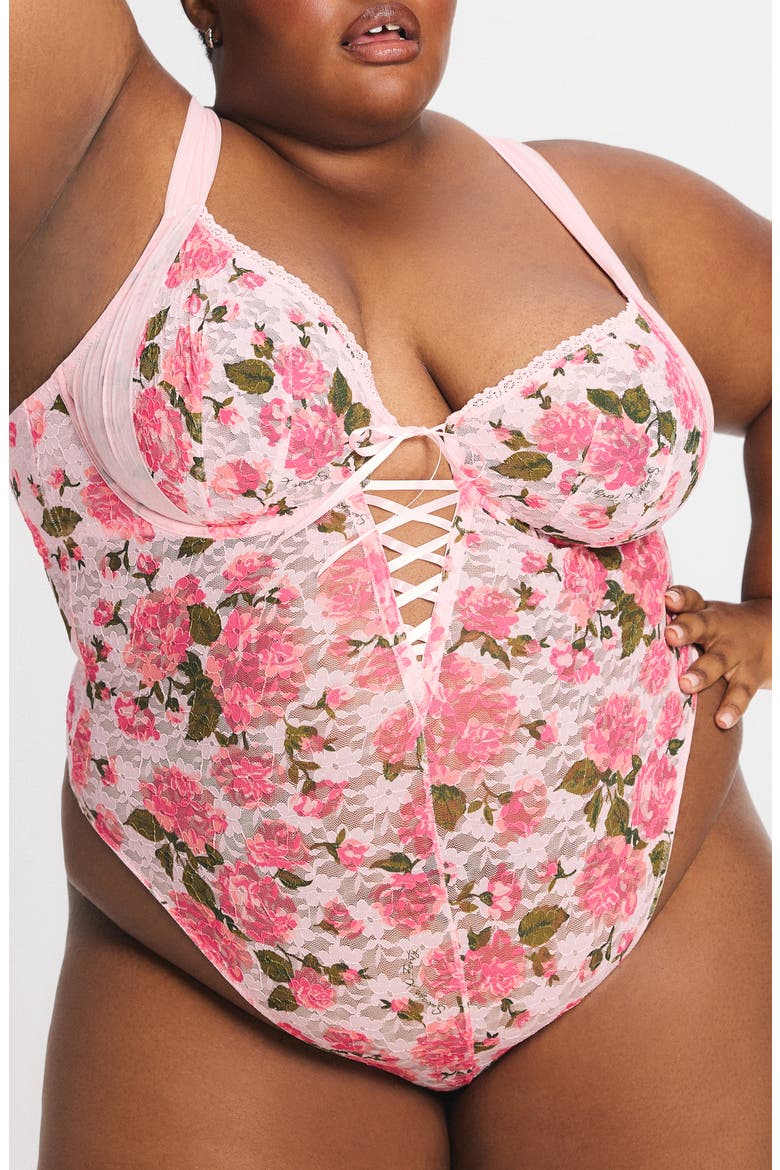 Sinful Rose Lace Teddy, Alternate, color, SWEET PINK ROSY PASSIONS PRINT