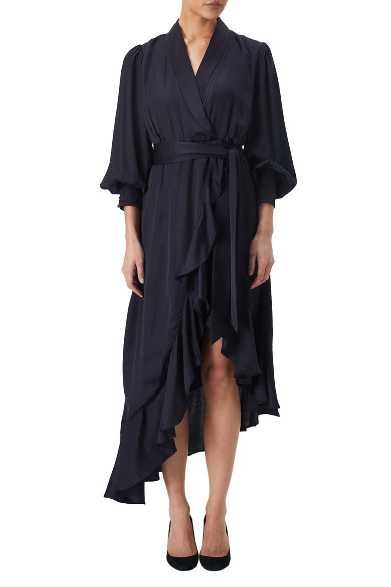 Aaliyah Faux Wrap Asymmetric Midi Dress, Main, color, NAVY