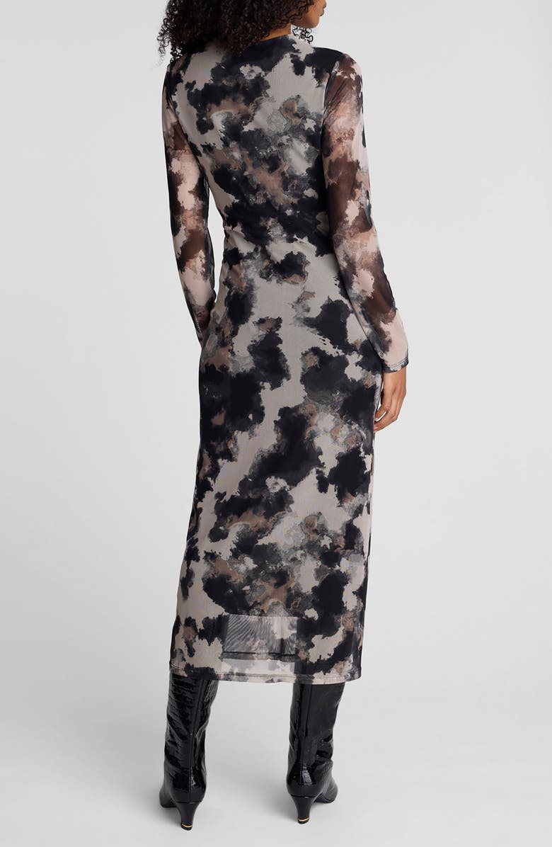 Kenneth Cole Knot Waist Long Sleeve Mesh Dress, Alternate, color, Black Multi