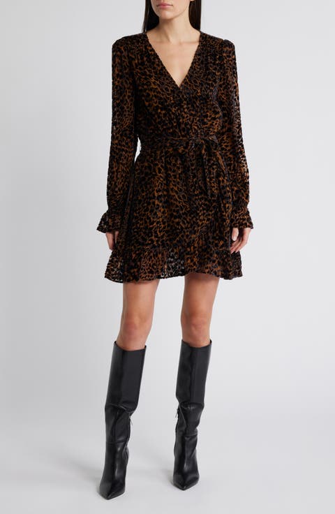 Ysabel Long Sleeve Leopard Velvet Burnout Dress