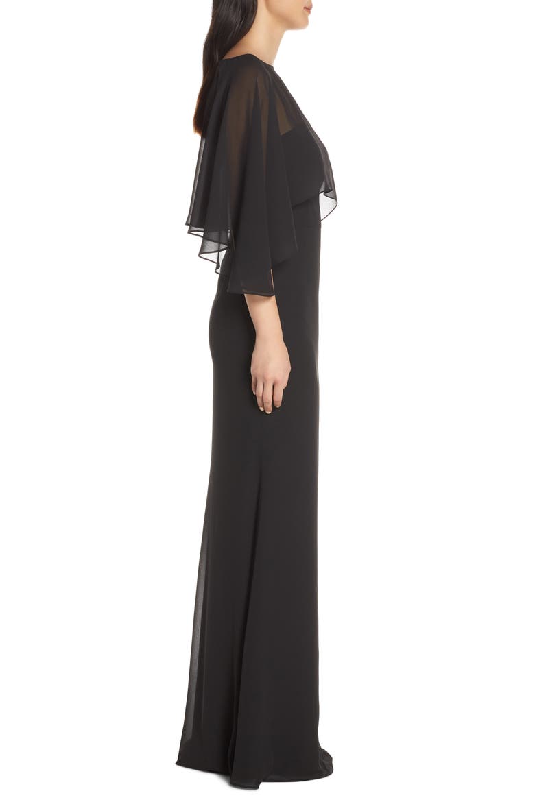 Strapless Chiffon Evening Dress with Cape, Alternate, color, BLACK
