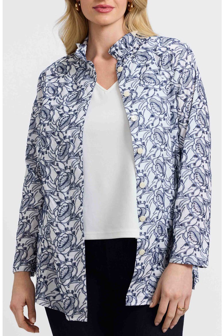 Carolina Floral Embroidered Cotton Button-Up Shirt, Main, color, WHITE/ NAVY