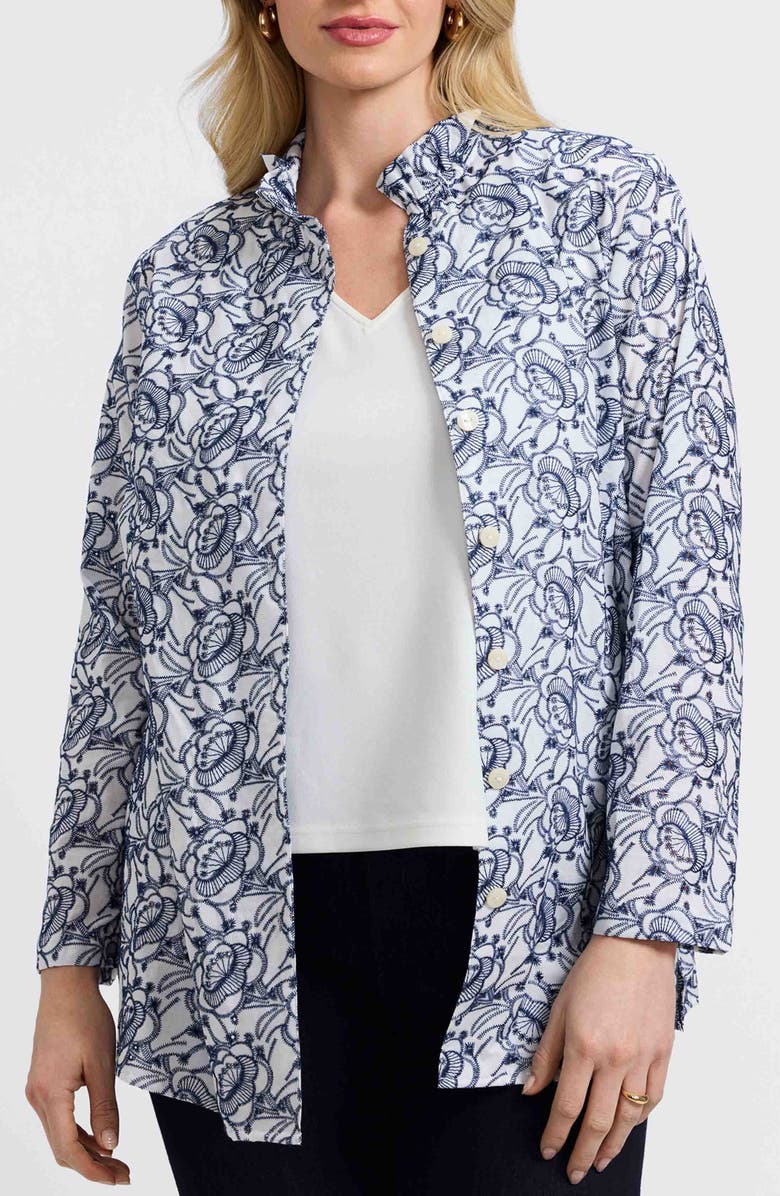 Foxcroft Carolina Floral Embroidered Cotton Button-Up Shirt, Main, color, White/ Navy