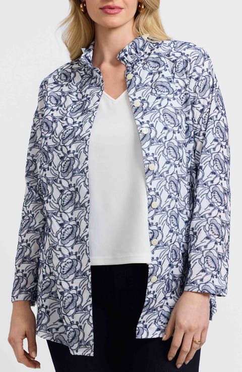 Carolina Floral Embroidered Cotton Button-Up Shirt (Plus)