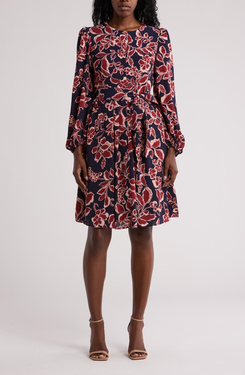Eliza J Floral Long Sleeve Fit & Flare Dress, Main, color, Navy Multi