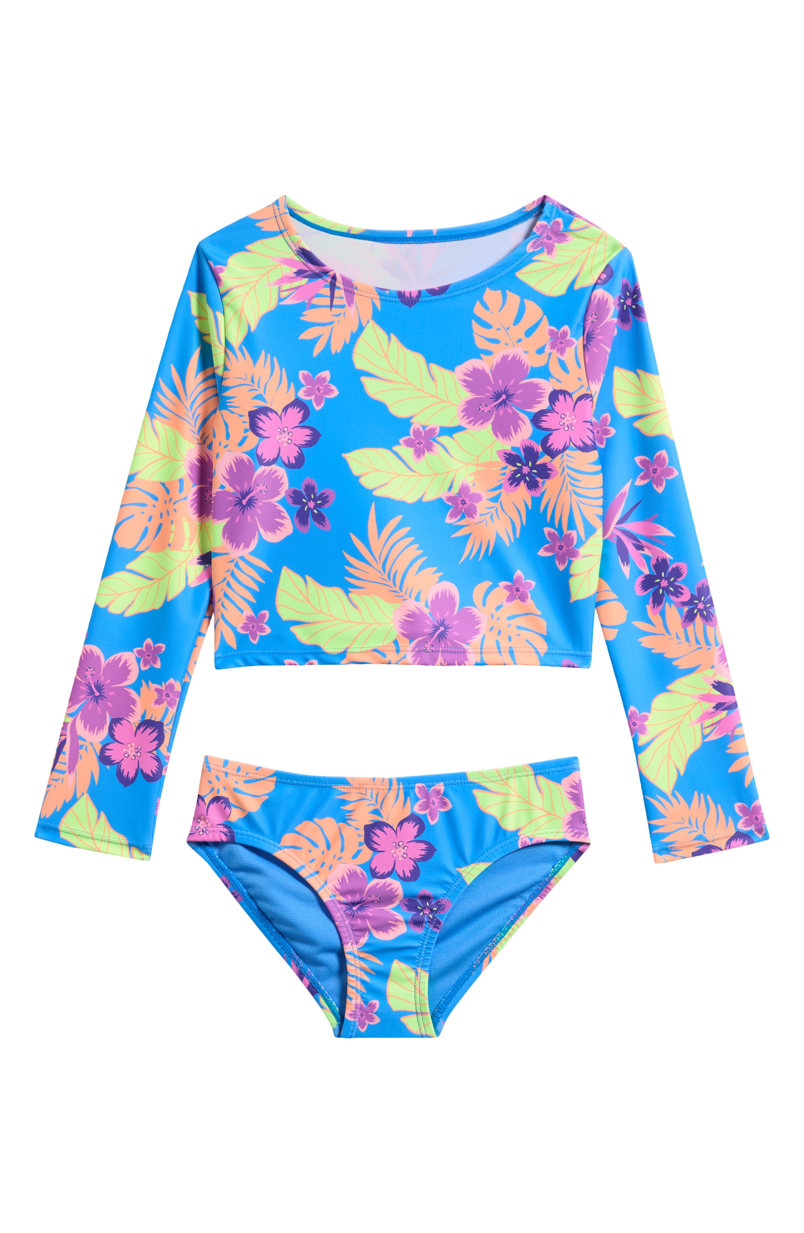 Breaking Waves Kids' Floral Long Sleeve Rashguard Top & Bikini Bottoms Set