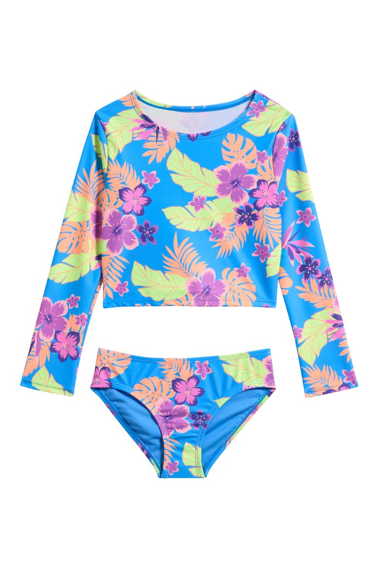 Kids' Floral Long Sleeve Rashguard Top & Bikini Bottoms Set, Main, color, BLUE MULTI