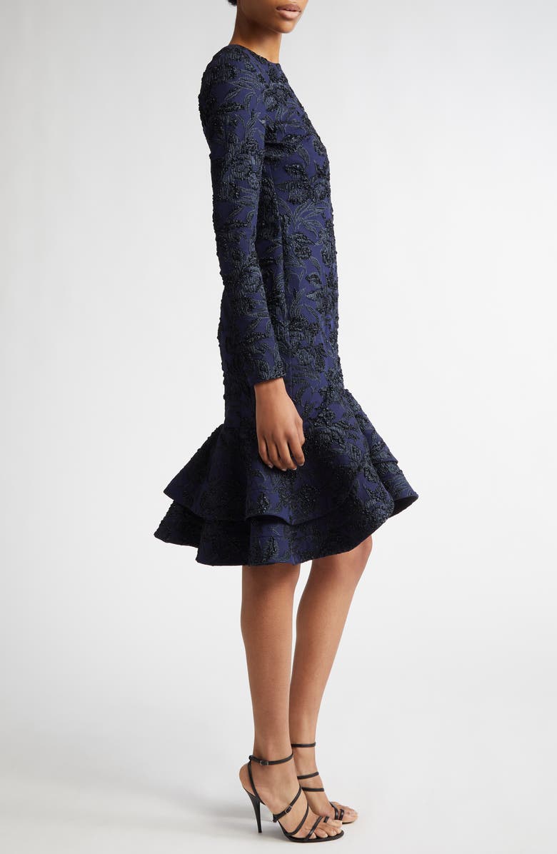 Oscar de la Renta Metallic Orchid Jacquard Long Sleeve Dress, Alternate, color, Midnight