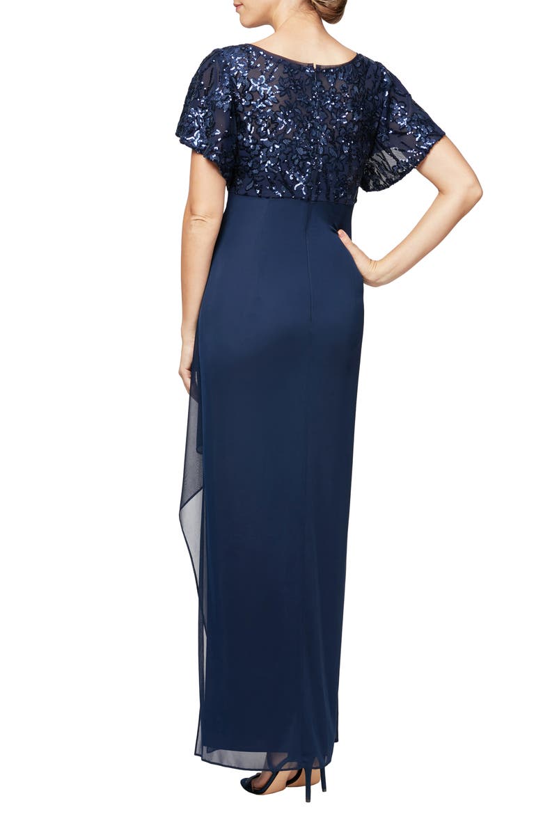Sequin Lace & Ruched Chiffon Gown, Alternate, color, NAVY