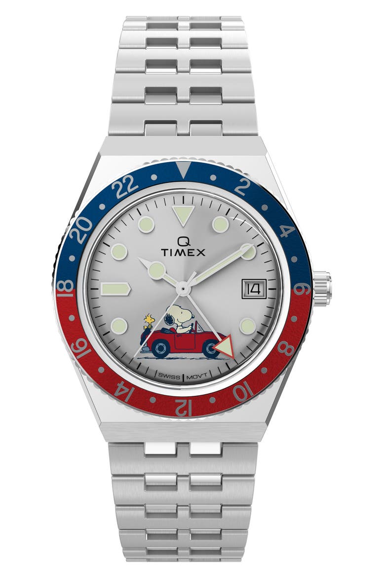x Peanuts® Q Timex® GMT Bracelet Watch, 38mm, Main, color, STAINLESS STEEL