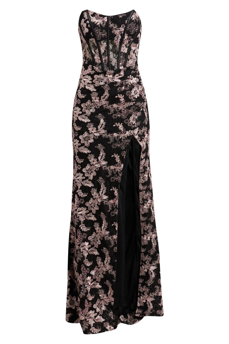 Embroidered Lace Corset Strapless Gown, Alternate, color, BLACK / PINK