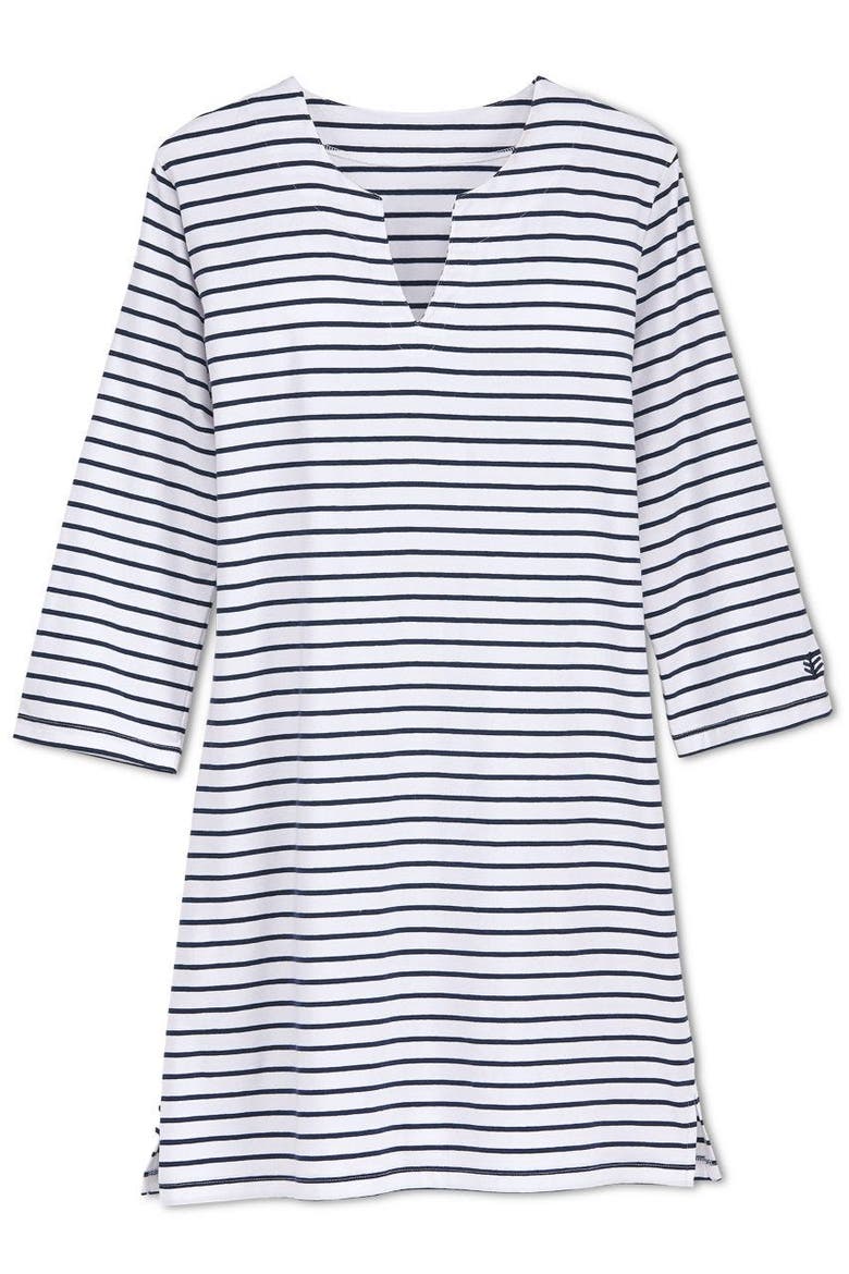 Oceanside Tunic Dress with 3/4 Sleeve, UPF 50+ Sun Protection, Alternate, color, White/Navy Stripe