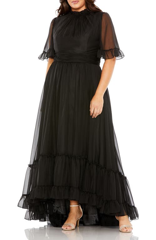 Mac Duggal High Neck Flutter Sleeve Ruffle Tiered High Low Plus Size Gown In Black