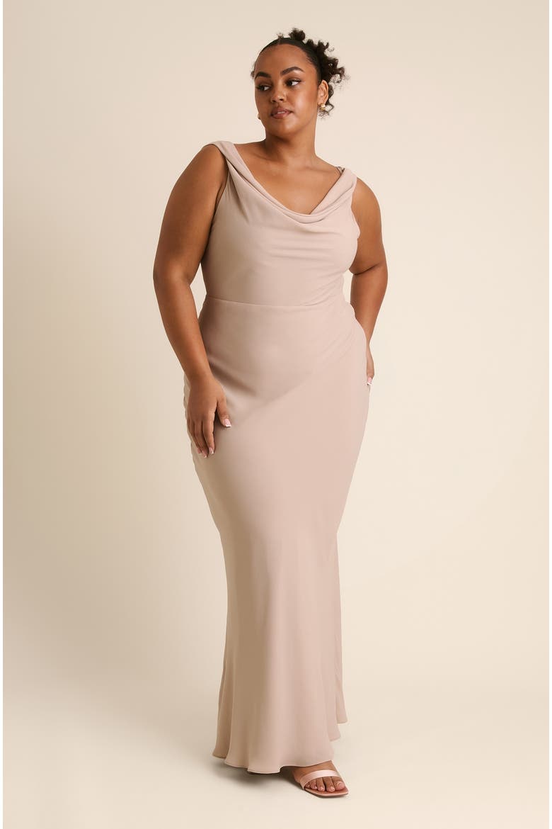 Plunge Cowl Chiffon Bridesmaid Dress, Main, color, Truffle